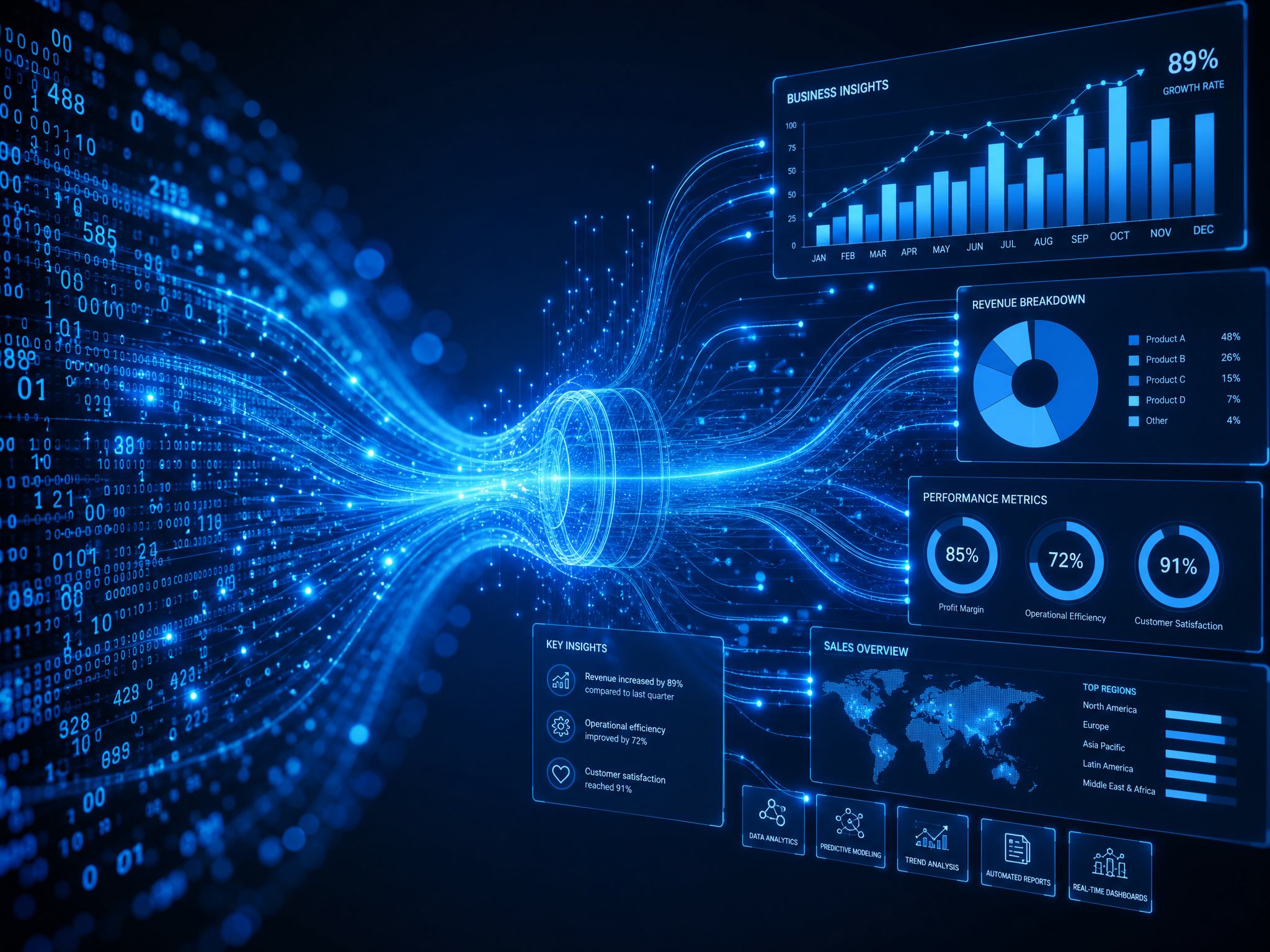 AI-powered data insights visualization showing analytics streams transforming into actionable business intelligence